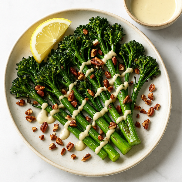 Charred Broccolini with Lemon–Tahini & Toasted Pecans