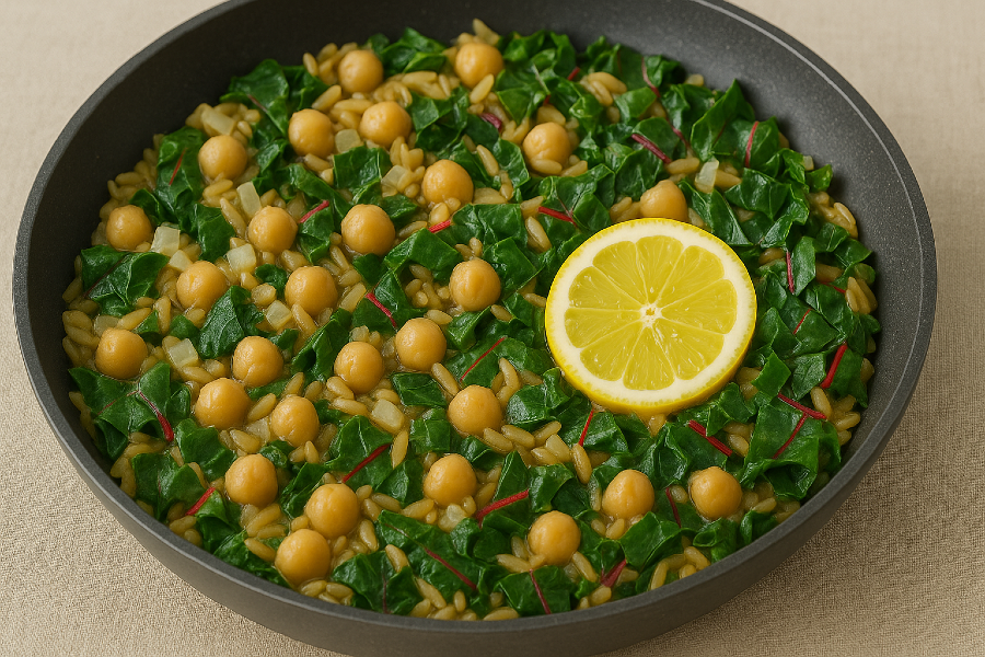 Meyer Lemon Chickpea–Chard Orzo Skillet
