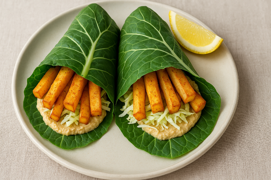 Collard Wraps with Roasted Rutabaga & Hummus