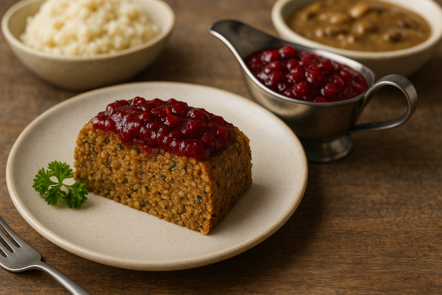 Mock “Turkey” Loaf + Fresh Cranberry–Orange Sauce