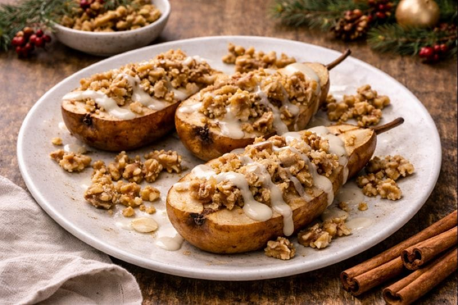 Baked Pears with Walnut Oat Crumble and Vanilla Cashew Drizzle