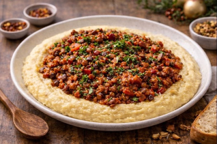 Lucky Lentil Mushroom Ragù over Creamy Polenta