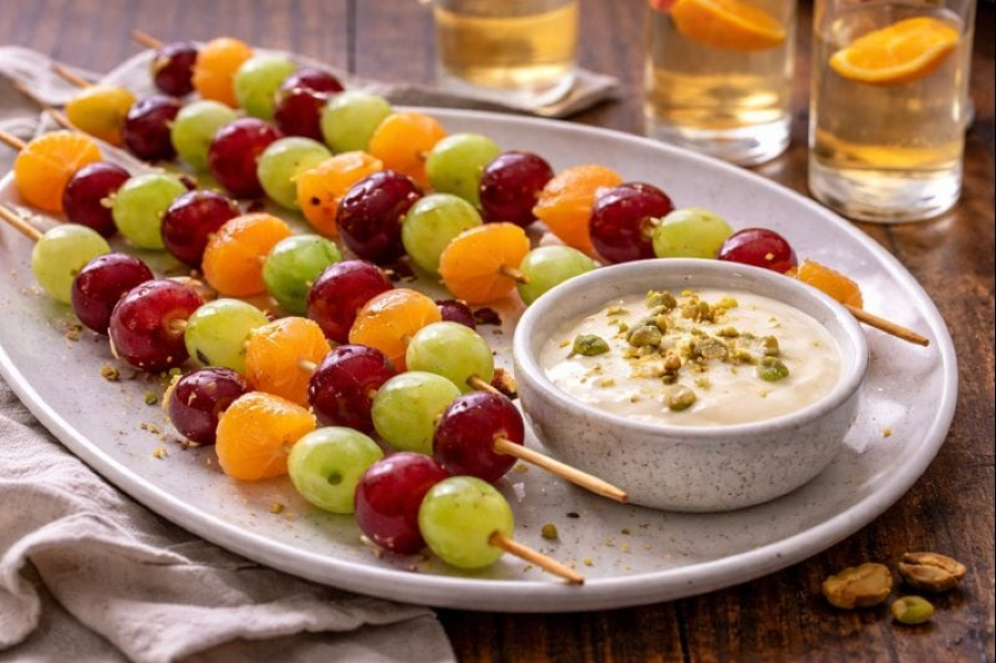 “12 Grapes of Luck” Citrus Skewers with Vanilla Yogurt Dip