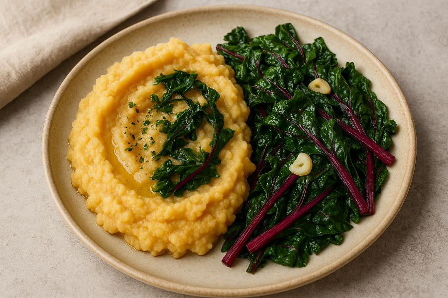 Rutabaga Mash with Olive Oil and Garlicky Swiss Chard