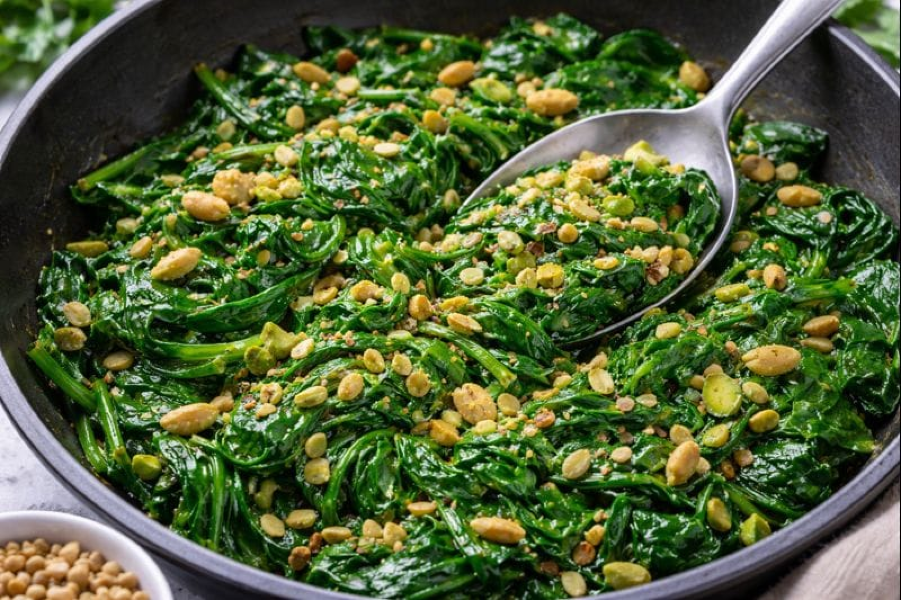 Warm Spinach Sauté with Sunflower Seeds + Pistachios