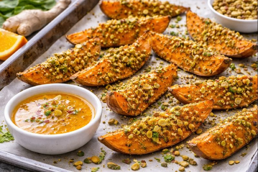 Pistachio-Crusted Sweet Potato Wedges + Orange Ginger Dip