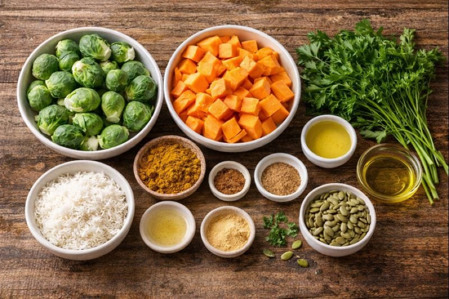 Brussels Sprouts + Sweet Potatoes with Coconut Curry Spice