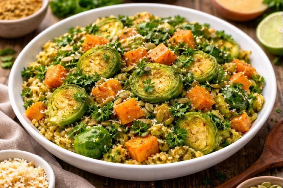 Brussels Sprouts + Sweet Potatoes with Coconut Curry Spice