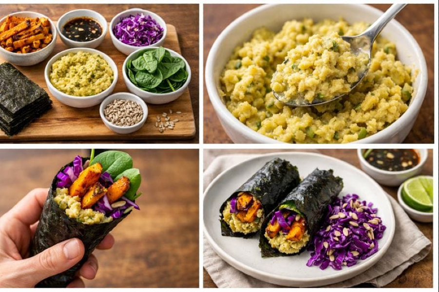 Turmeric Sweet Potato Nori Hand Rolls with Ginger Chickpea Mash