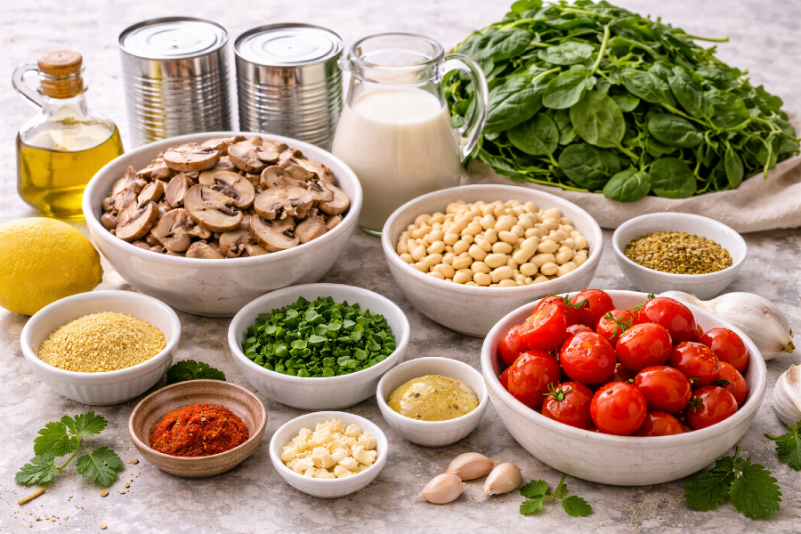 Creamy Mushroom and White Bean Skillet with Spinach and Burst Tomatoes
