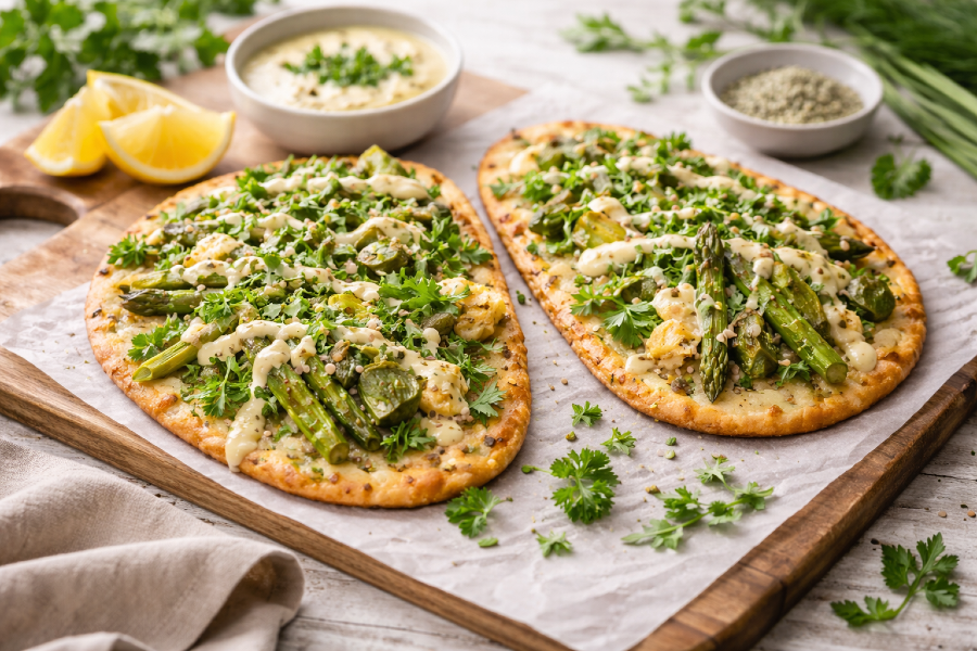 Spring Flatbread with Lemon Tahini, Asparagus, Artichokes, and Arugula