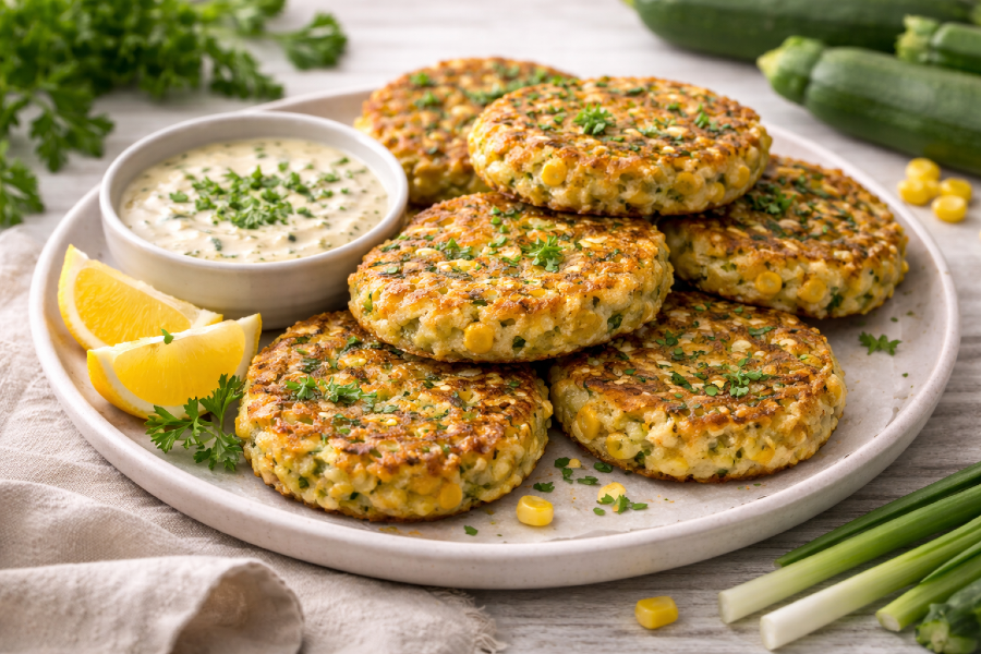 Crispy Zucchini Corn Fritters with Lemon Herb Tahini