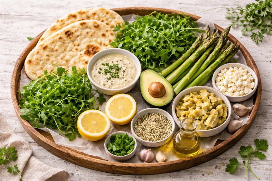Spring Flatbread with Lemon Tahini, Asparagus, Artichokes, and Arugula
