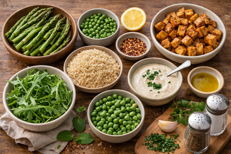 Warm Quinoa Power Bowl with Asparagus, Peas, Tempeh & Lemon Mint Tahini