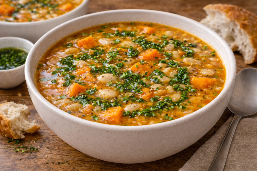 Smoky White Bean and Sweet Potato Soup with Crispy Chive Oil