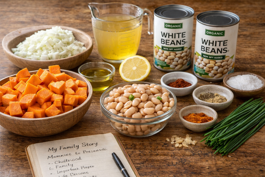 Smoky White Bean and Sweet Potato Soup with Crispy Chive Oil
