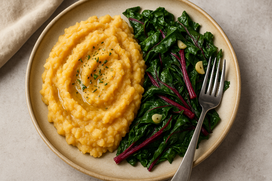 Rutabaga Mash with Olive Oil and Garlicky Swiss Chard