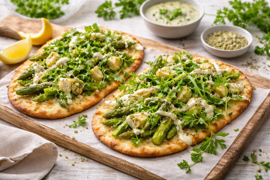Spring Flatbread with Lemon Tahini, Asparagus, Artichokes, and Arugula