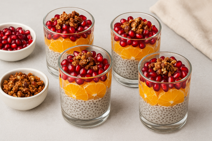 Pomegranate Citrus Chia Parfaits with Crunchy Nut Date Crumble