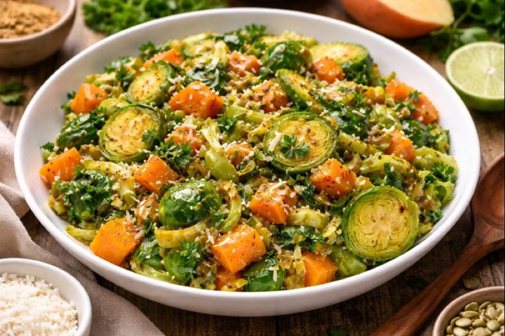 Brussels Sprouts + Sweet Potatoes with Coconut Curry Spice