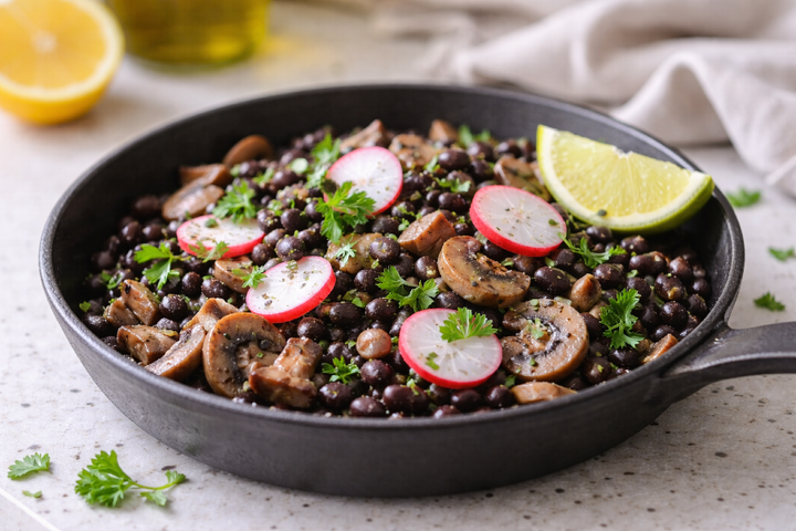 My 15 Minute Garlic Shiitake Black Bean Skillet (With Radish Parsley Crunch)
