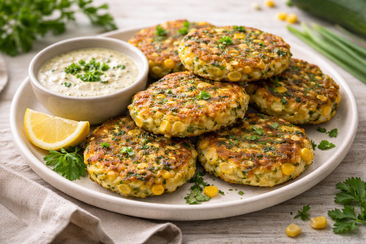 Crispy Zucchini Corn Fritters with Lemon Herb Tahini