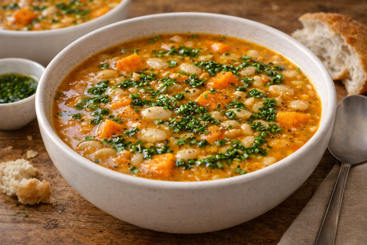 Smoky White Bean and Sweet Potato Soup with Crispy Chive Oil
